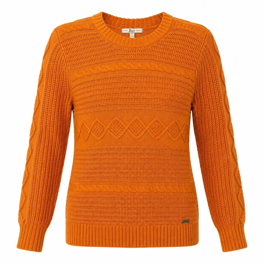 Bass Womens Orange Cable Knit Crew Neck Sweater Size L Chunky Classic